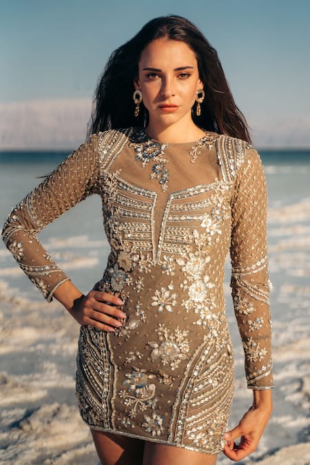 Shop Sahil Kochhar Green Net Embroidered Floral Patterns Round Jafar Bodycon Dress at Aza Fashions Shop_Sahil Kochhar_Green Net Embroidered Floral Patterns Round Jafar Bodycon Dress _at_Aza_Fashions