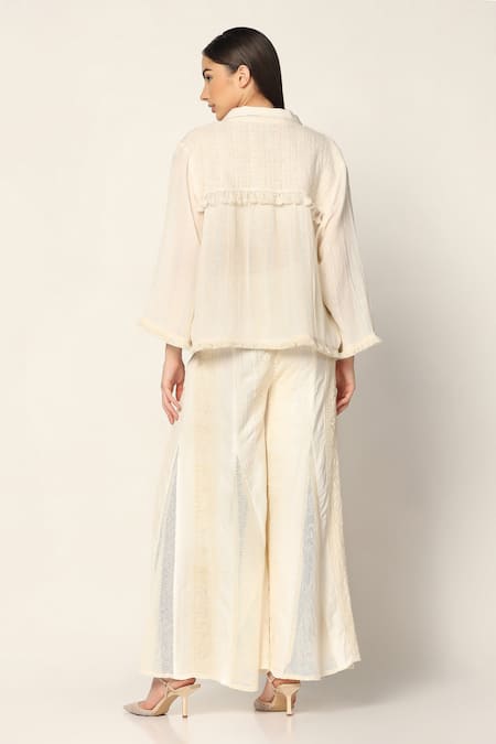 Shop Two Sisters By Gyans Off White Cotton Tassels, Embroidery, Beads Collared, Woven Jacket And Pant Set at Aza Fashions Shop_Two Sisters By Gyans_Off White Cotton Tassels, Embroidery, Beads Collared, Woven Jacket And Pant Set _at_Aza_Fashions