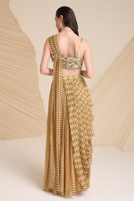 Shop_Divya Aggarwal_Purple Chiffon Printed Asymmetric Verity Blouse And Draped Skirt Set _at_Aza_Fashions