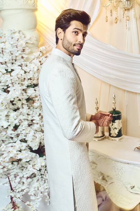 Shop_Varun Chakkilam_White Raw Silk Embroidered Threadwork Sherwani Set  _at_Aza_Fashions