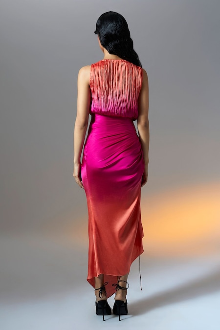 Buy Pink Modal Satin Plain One Shoulder Rosie Ruched High Slit Dress For  Women by Aroka Online at Aza Fashions.