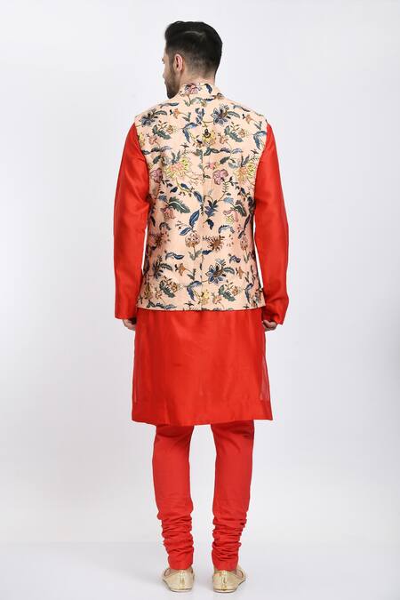Shop_Samant Chauhan_Peach Suede Printed Tropical Bundi Set _at_Aza_Fashions