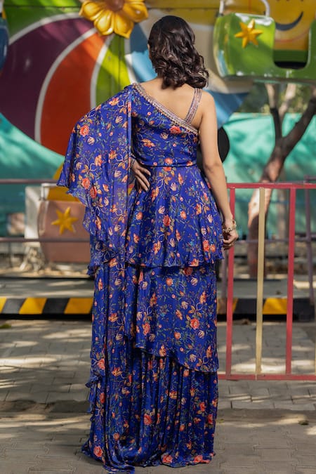 Shop_Irrau By Samir Mantri_Multi Color Chiffon Embroidery Asymmetric Floral Print Top Gharara Set _at_Aza_Fashions