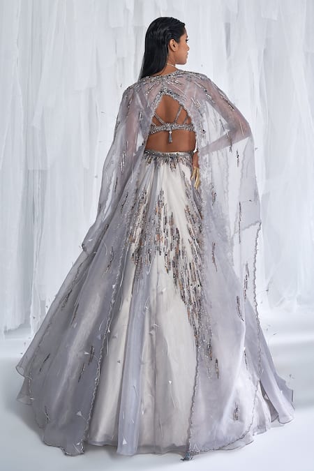 Shop Dolly J Silver Organza Sequins, Cut Work, Elaheh Bridal Embellished Lehenga And Cape Set at Aza Fashions Shop_Dolly J_Silver Organza Sequins, Cut Work, Elaheh Bridal Embellished Lehenga And Cape Set _at_Aza_Fashions