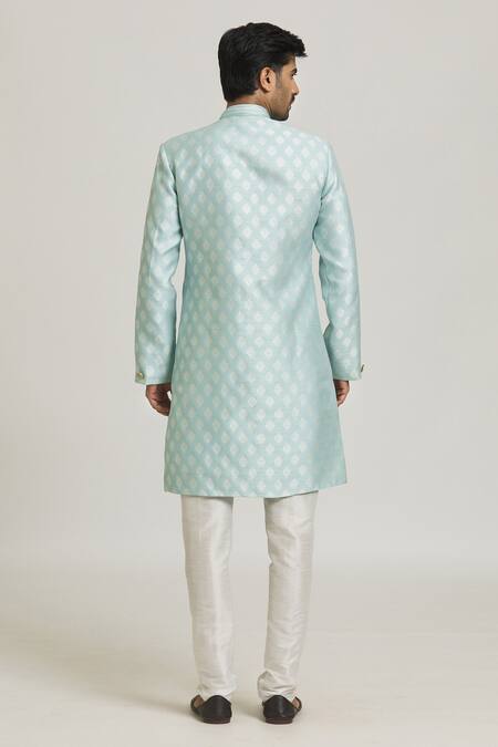 Shop_Arihant Rai Sinha_Sky Blue Silk Embroidery Woven Curved Hem Sherwani With Pant_at_Aza_Fashions
