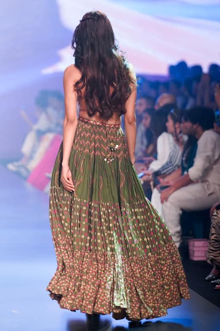 Shop_Punit Balana_Green Satin Silk Print Resham V Neck Coin And Work Yoke Tiered Dress _at_Aza_Fashions