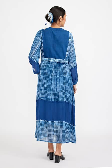 Shop_JAYATI GOENKA_Blue Cotton Collared Checkered Handblock Print Button-down Dress _at_Aza_Fashions