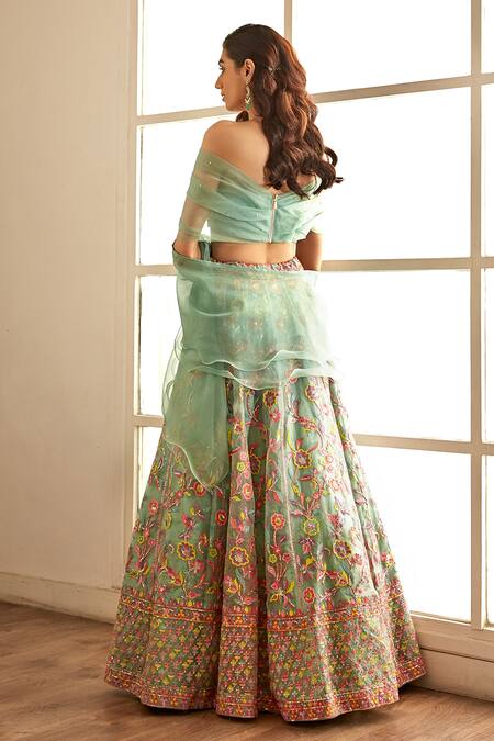 Shop Studio Iris India Green Organza Sequins, Embroidery One Shoulder Hina Floral Lehenga Set at Aza Fashions Shop_Studio Iris India_Green Organza Sequins, Embroidery One Shoulder Hina Floral Lehenga Set _at_Aza_Fashions