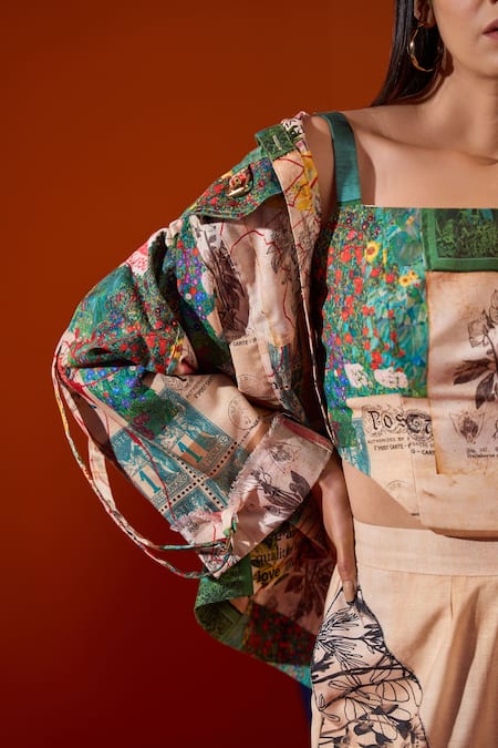 Shop The Dramebaaz CO Multi Color Twill, Cotton Embroidery Square Neck, Eden Print Jacket And Pant Set at Aza Fashions Shop_The Dramebaaz CO_Multi Color Twill, Cotton Embroidery Square Neck, Eden Print Jacket And Pant Set _at_Aza_Fashions