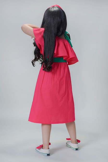 Shop Tiber Taber Pink Cotton Solid Ruffled Dress at Aza Fashions Shop_Tiber Taber_Pink Cotton Solid Ruffled Dress _at_Aza_Fashions