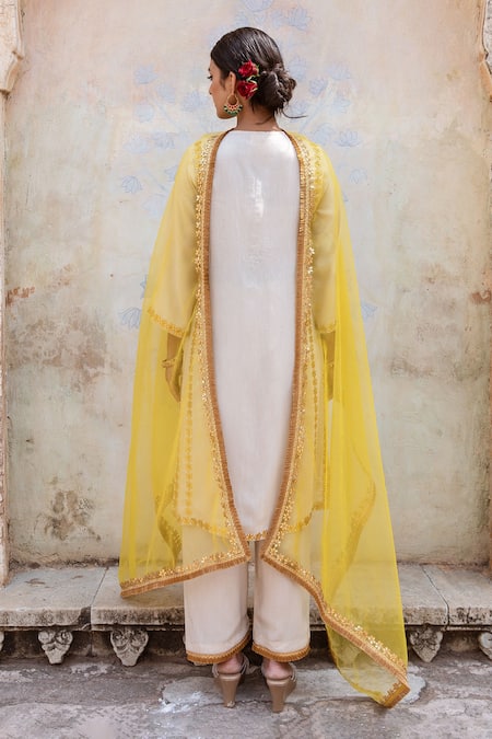 Shop Gulabo Jaipur Off White Muslin, Organza Embroidery, Lace, Zari Roop Hand Kurta Pant Set at Aza Fashions Shop_Gulabo Jaipur_Off White Muslin, Organza Embroidery, Lace, Zari Roop Hand Kurta Pant Set _at_Aza_Fashions