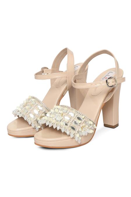 Shop_Fuchsia by aashaka mehta_Beige Mirrors, Sequins, Beads Embellished Block Heels And Potli Bag Set _at_Aza_Fashions