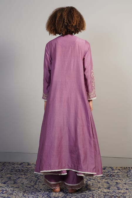 Shop Samant Chauhan Purple Cotton Silk Embroidered Floral Round Anarkali And Pant Set at Aza Fashions Shop_Samant Chauhan_Purple Cotton Silk Embroidered Floral Round Anarkali And Pant Set _at_Aza_Fashions