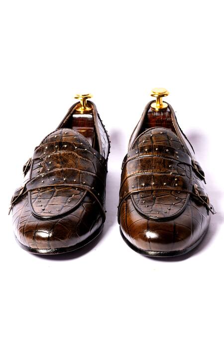 Shop Artimen Brown Studs Textured Pattern Leather Oxfords at Aza Fashions Shop_Artimen_Brown Studs Textured Pattern Leather Oxfords_at_Aza_Fashions