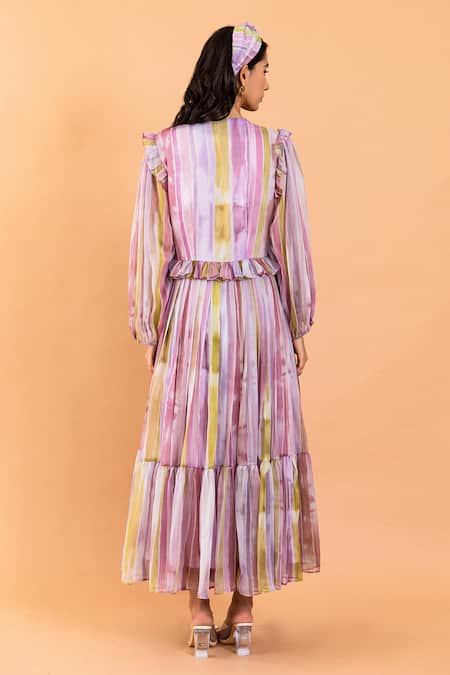 Shop Aroop Shop India Multi Color Chiffon Ruffles V-neck Jennifer Stella Print Dress at Aza Fashions Shop_Aroop Shop India_Multi Color Chiffon Ruffles V-neck Jennifer Stella Print Dress _at_Aza_Fashions