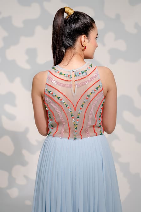 Tamaraa By Tahani_Blue Tulle, Georgette Sequins, Crystals, Beads Round Embroidered Pleated Gown _Online_at_Aza_Fashions