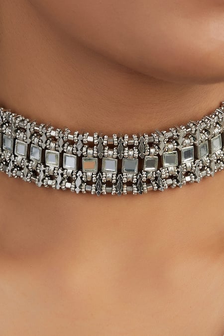 Shop House Of Tuhina Silver Plated Teer Mirror Studded Choker at Aza Fashions Shop_House Of Tuhina_Silver Plated Teer Mirror Studded Choker _at_Aza_Fashions