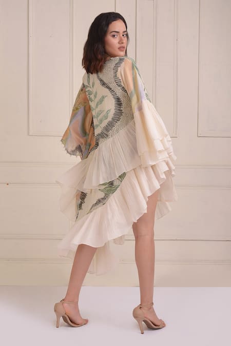 Shop_Shwetanga_Ivory Cotton Round Neck Organic Asymmetric Kaftan Dress _at_Aza_Fashions