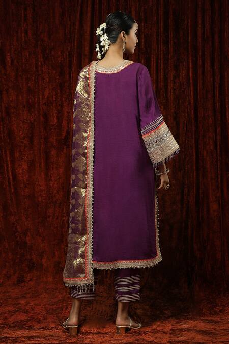 Shop Shikhar Sharma Purple Silk Chanderi Embroidered Pearl Leaf Neck Full Sleeve Kurta Pant Set at Aza Fashions Shop_Shikhar Sharma_Purple Silk Chanderi Embroidered Pearl Leaf Neck Full Sleeve Kurta Pant Set _at_Aza_Fashions