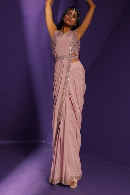 Shop_Rishi And Soujit_Pink Organza And Crepe Embroidery Hand-dyed Pearl V Neck Pre-draped Saree Set _at_Aza_Fashions