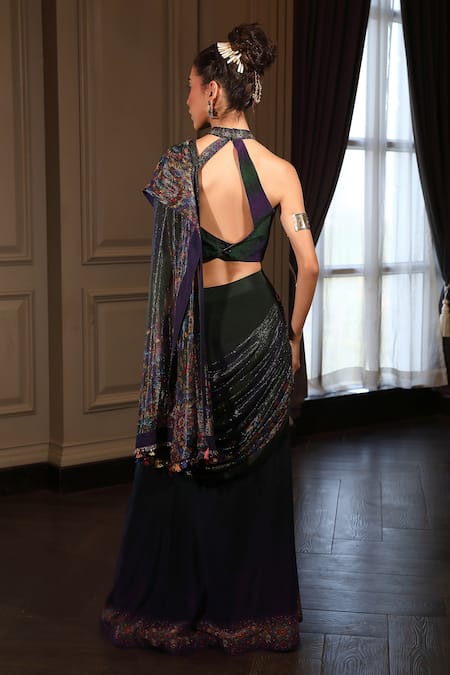 Shop_Shilpi Gupta_Blue Blouse Viscose Dupion And Saree Ombre Pre-draped With Neck  _at_Aza_Fashions