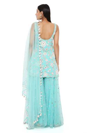 Payal Singhal_Blue Georgette Embroidery Thread And Mirror Scoop Neck Short Kurta Sharara Set _Online_at_Aza_Fashions