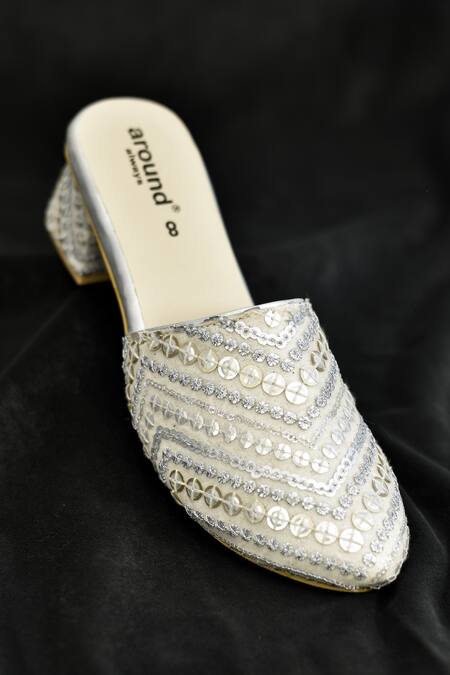 Around Always_Silver Embroidery Nilofer Sequin Mules_Online_at_Aza_Fashions