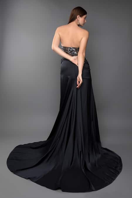 Shop_Anjum Qureshi_Black Satin Hand Embroidered Sequin Sweetheart Neck Corset Gown _at_Aza_Fashions