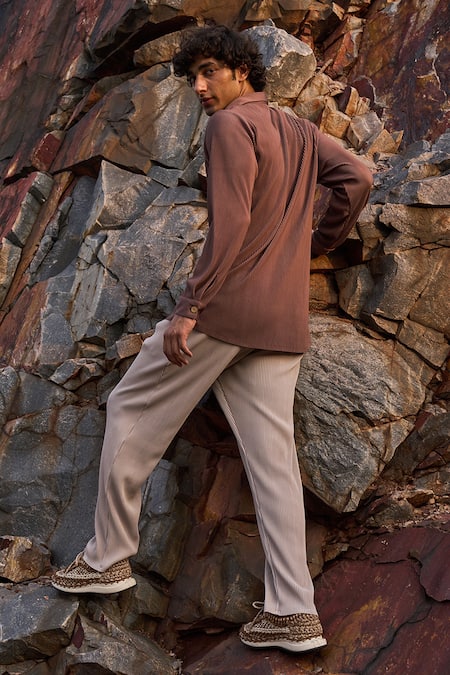 Shop Dash And Dot Brown 100% Recycled Polyester Pleated Textured Shirt at Aza Fashions Shop_Dash And Dot_Brown 100% Recycled Polyester Pleated Textured Shirt _at_Aza_Fashions