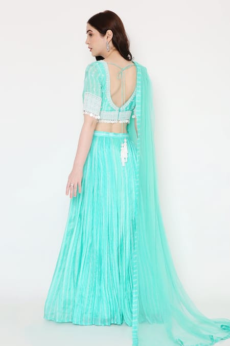 Shop Bha Sha Blue Muslin, Net Sequins, Beads Boat Neck Vanika Bandhani Print Lehenga Set at Aza Fashions Shop_Bha Sha_Blue Muslin, Net Sequins, Beads Boat Neck Vanika Bandhani Print Lehenga Set _at_Aza_Fashions