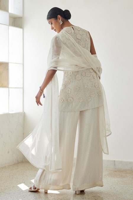 Shop_Mishru_Ivory Tulle, Organza Beads, Sequins, Embroidery Nora Floral Tunic Sharara Set _at_Aza_Fashions