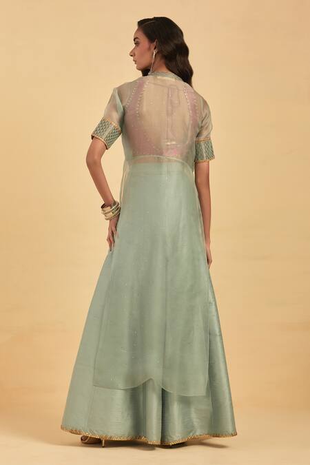 Shop Aum By Asit And Ashima Blue Silk Embroidery Zari V Neck Placement Cape Palazzo Set at Aza Fashions Shop_Aum By Asit And Ashima_Blue Silk Embroidery Zari V Neck Placement Cape Palazzo Set_at_Aza_Fashions