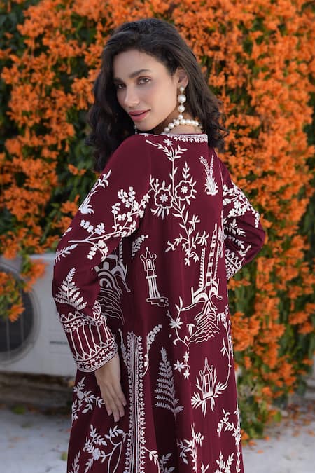 Shop Talking Threads Maroon Crepe, Chiffon Embroidery Open Neck, Gara Oriental Jacket With Gown at Aza Fashions Shop_Talking Threads_Maroon Crepe, Chiffon Embroidery Open Neck, Gara Oriental Jacket With Gown_at_Aza_Fashions