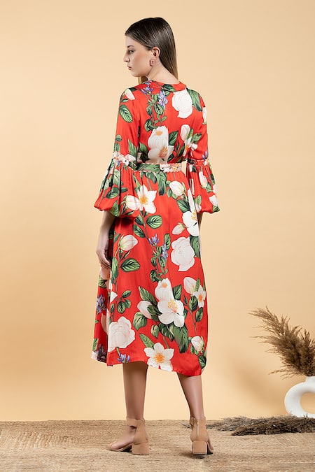 Shop Divi By Sonal Khandelwal Red Modal, Satin Collared Wild Rose Print A-line Dress at Aza Fashions Shop_Divi By Sonal Khandelwal_Red Modal, Satin Collared Wild Rose Print A-line Dress _at_Aza_Fashions