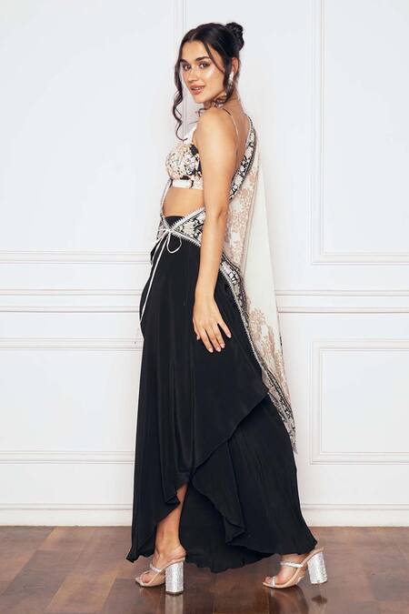 Shop SAKSHI GIRRI Black Crepe Beads, Sequins, Gota Patti Round Printed Bustier Draped Skirt Set at Aza Fashions Shop_SAKSHI GIRRI_Black Crepe Beads, Sequins, Gota Patti Round Printed Bustier Draped Skirt Set_at_Aza_Fashions