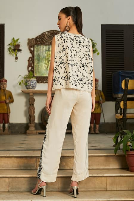 Shop Twenty Nine White Georgette Embroidery Side Panel Pant at Aza Fashions Shop_Twenty Nine_White Georgette Embroidery Side Panel Pant _at_Aza_Fashions