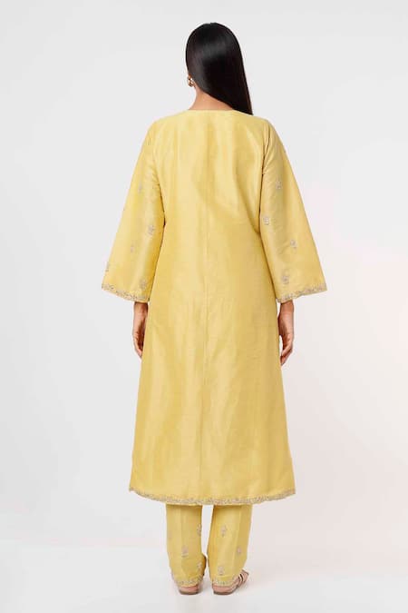 Shop Mehak Murpana Yellow Silk Embroidery Round Neck Flared Sleeve Kurta And Pant Set at Aza Fashions Shop_Mehak Murpana_Yellow Silk Embroidery Round Neck Flared Sleeve Kurta And Pant Set _at_Aza_Fashions