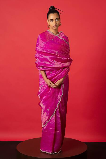 Buy_Ekaya Banaras_Pink Tissue Embroidery Hand Border Saree_Online_at_Aza_Fashions