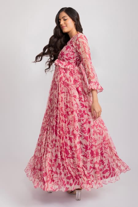 Shop Aroop Shop India Pink Chiffon Embroidery V-neck Michelle Pleated Dress at Aza Fashions Shop_Aroop Shop India_Pink Chiffon Embroidery V-neck Michelle Pleated Dress _at_Aza_Fashions