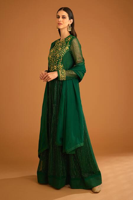 Buy Shyam Narayan Prasad Green Cotton Satin, Chanderi, Lurex Embroidery Round Dori And Thread Anarkali Set Online at Aza Fashions Buy_Shyam Narayan Prasad_Green Cotton Satin, Chanderi, Lurex Embroidery Round Dori And Thread Anarkali Set _Online_at_Aza_Fashions