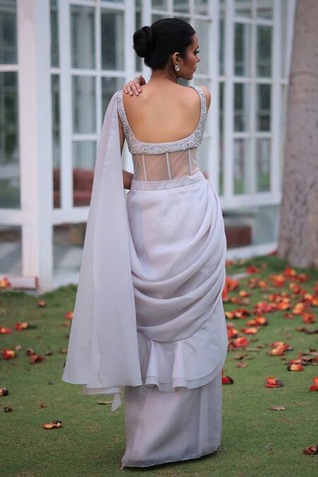 Shop_House Of Tushaom_Gray Satin Organza Embroidery Resham Leaf Neck Grey Saree Gown _at_Aza_Fashions