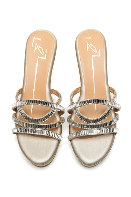 Shop_Nidhi Bhandari_Gold Stones Embellished Swarovski Strap Wedges _at_Aza_Fashions