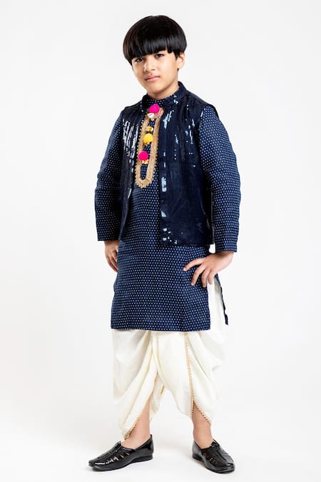 Shop Byb Premium Blue Linen, Silk, Cotton Pom-poms, Sequins Polka Dots Printed Kurta Set at Aza Fashions Shop_Byb Premium_Blue Linen, Silk, Cotton Pom-poms, Sequins Polka Dots Printed Kurta Set _at_Aza_Fashions