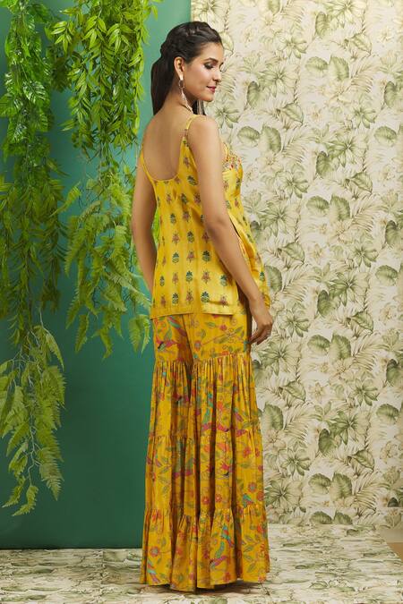 Shop_Samyukta Singhania_Yellow Silk Embroidery, Sequins Scoop Neck Floral Print Peplum Kurta Set _at_Aza_Fashions