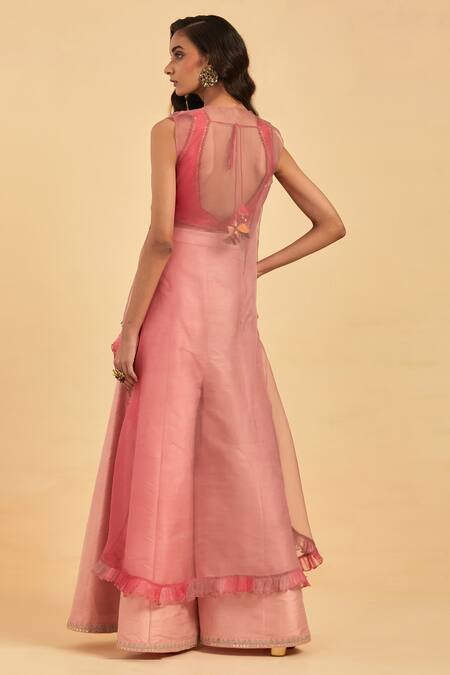 Shop Aum By Asit And Ashima Pink Silk Embroidery V-neck Sheer Placement Cape Sharara Set at Aza Fashions Shop_Aum By Asit And Ashima_Pink Silk Embroidery V-neck Sheer Placement Cape Sharara Set _at_Aza_Fashions
