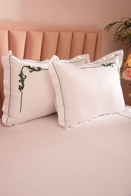 Shop LA Paloma White 100% Cotton Embroidered Placement Bedsheet Set at Aza Fashions Shop_LA Paloma_White 100% Cotton Embroidered Placement Bedsheet Set_at_Aza_Fashions