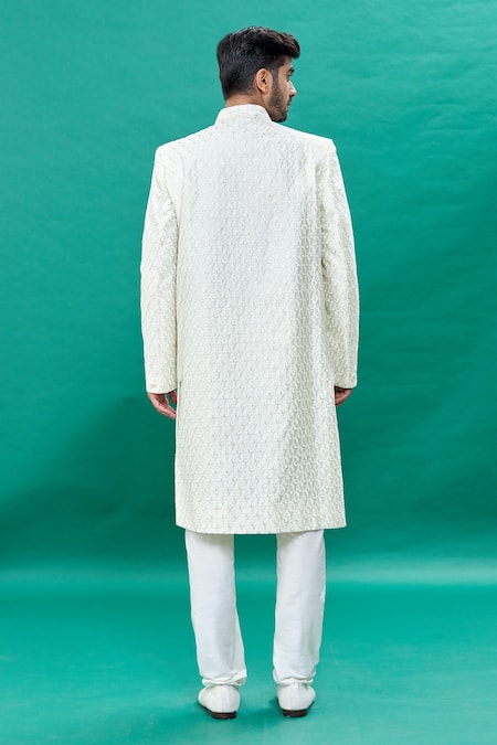 Shop Rng Safawala Off White Silk Sequins Floral Pattern Sherwani Set at Aza Fashions Shop_Rng Safawala_Off White Silk Sequins Floral Pattern Sherwani Set _at_Aza_Fashions