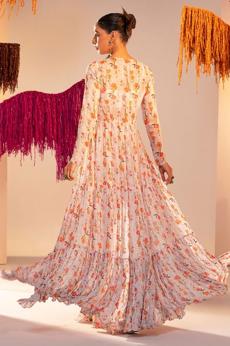 Shop Silky Bindra White Georgette, Cotton Sequins, Crystals Floral Print Long Jacket Palazzo Set at Aza Fashions Shop_Silky Bindra_White Georgette, Cotton Sequins, Crystals Floral Print Long Jacket Palazzo Set _at_Aza_Fashions