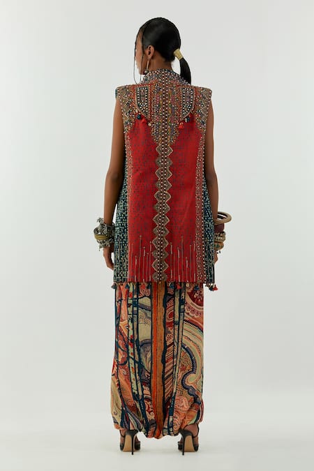 Shop_Aseem Kapoor_Red Satin Linen Zari Marodi Resham Open Ruhi Sleeveless Jacket _Online_at_Aza_Fashions