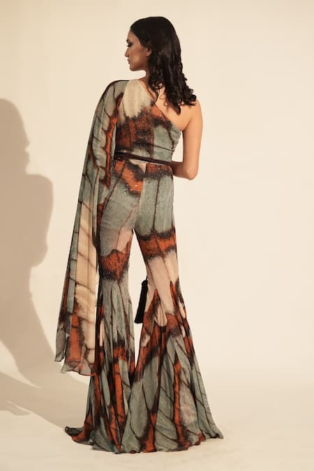 Shop_Nikita Mhaisalkar_Blue Georgette Sequins, Embroidery One Shoulder Butterfly Print And Jumpsuit _at_Aza_Fashions